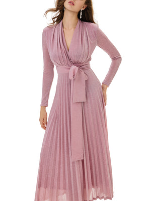 Metallic Knit Wrap Pleated Maxi Dress
