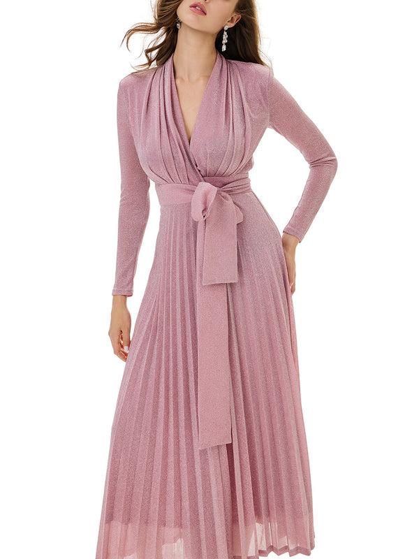 Metallic Knit Wrap Pleated Maxi Dress