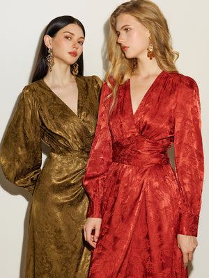 Satin Jacquard Slit Wrap Dress