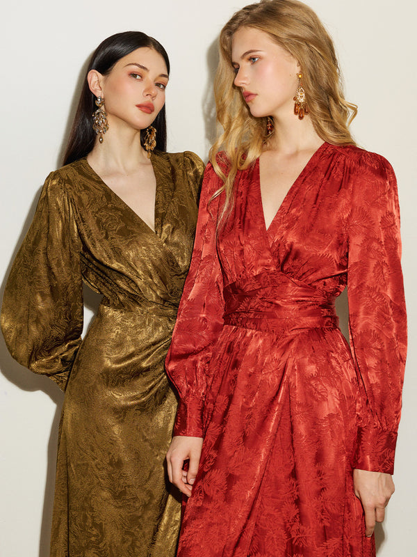 Satin Jacquard Slit Wrap Dress