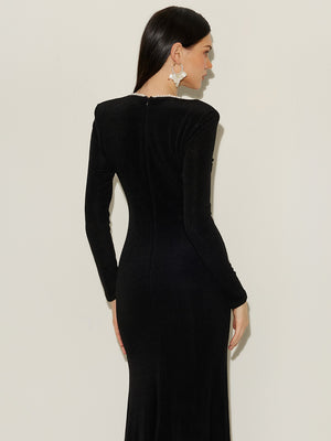 Glitter Beaded Trim Slit Gown