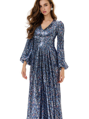 Floral Sequin Pleated Evening Dress