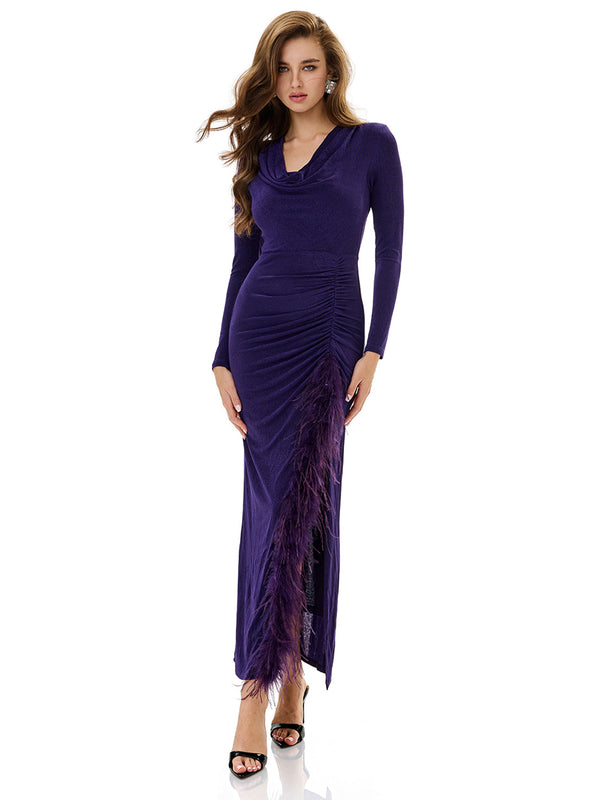 Cowl Neck Drawstring Ruched Gown