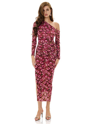 One Shoulder Floral Print Bodycon Dress
