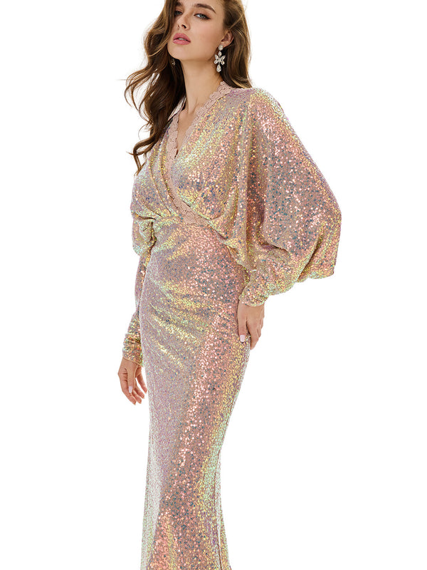 Batwing Sleeves Sequin Mermaid Evening Gown
