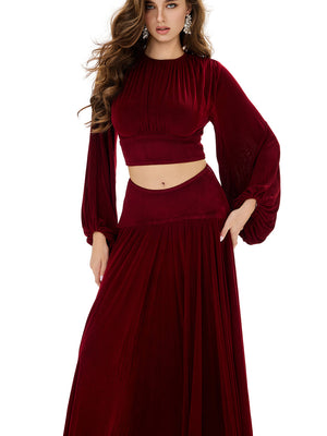 Balloon Sleeve Ruched Crop Top & Pleated Skirt Sets