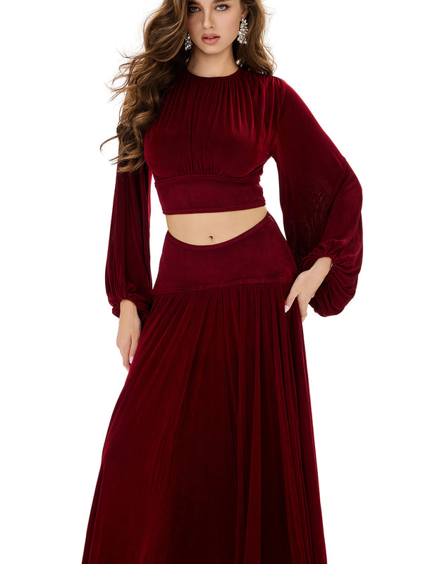Balloon Sleeve Ruched Crop Top & Pleated Skirt Sets