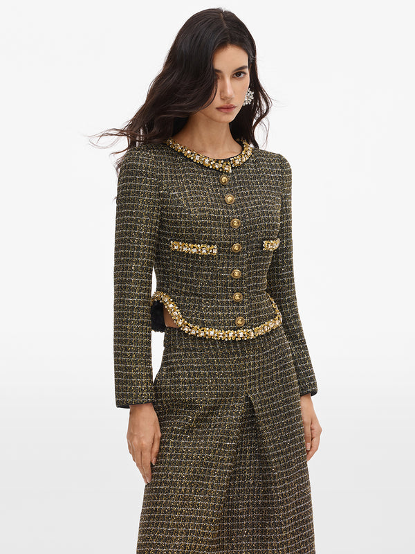 Glitter Single Breasted Tweed Jacket & Skirt Sets