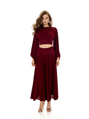 Balloon Sleeve Ruched Crop Top & Pleated Skirt Sets