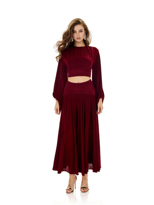 Balloon Sleeve Ruched Crop Top & Pleated Skirt Sets