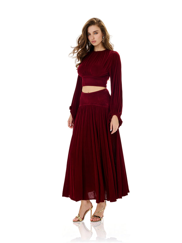 Balloon Sleeve Ruched Crop Top & Pleated Skirt Sets