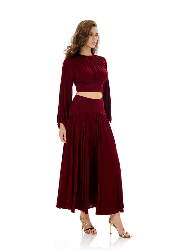 Balloon Sleeve Ruched Crop Top & Pleated Skirt Sets