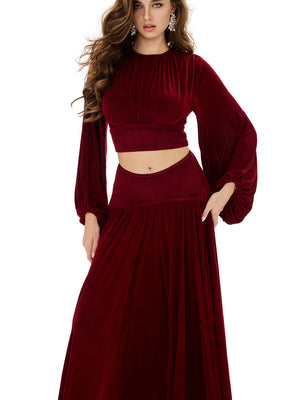 Balloon Sleeve Ruched Crop Top & Pleated Skirt Sets