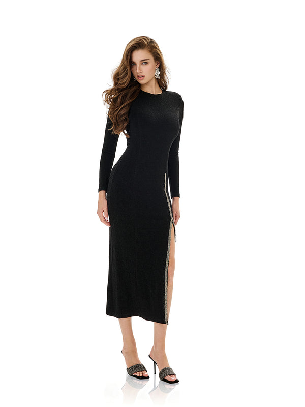 Metallic Trim Slit Bodycon Dress