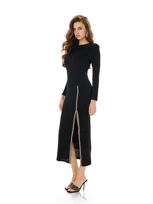 Metallic Trim Slit Bodycon Dress
