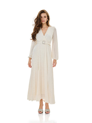 Glitter Pleated Belt Maxi Dress