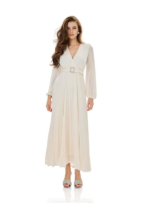 Glitter Pleated Belt Maxi Dress