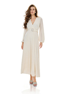 Glitter Pleated Belt Maxi Dress