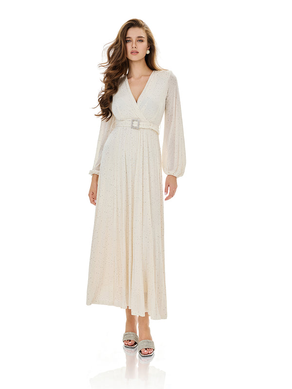 Glitter Pleated Belt Maxi Dress