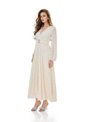 Glitter Pleated Belt Maxi Dress