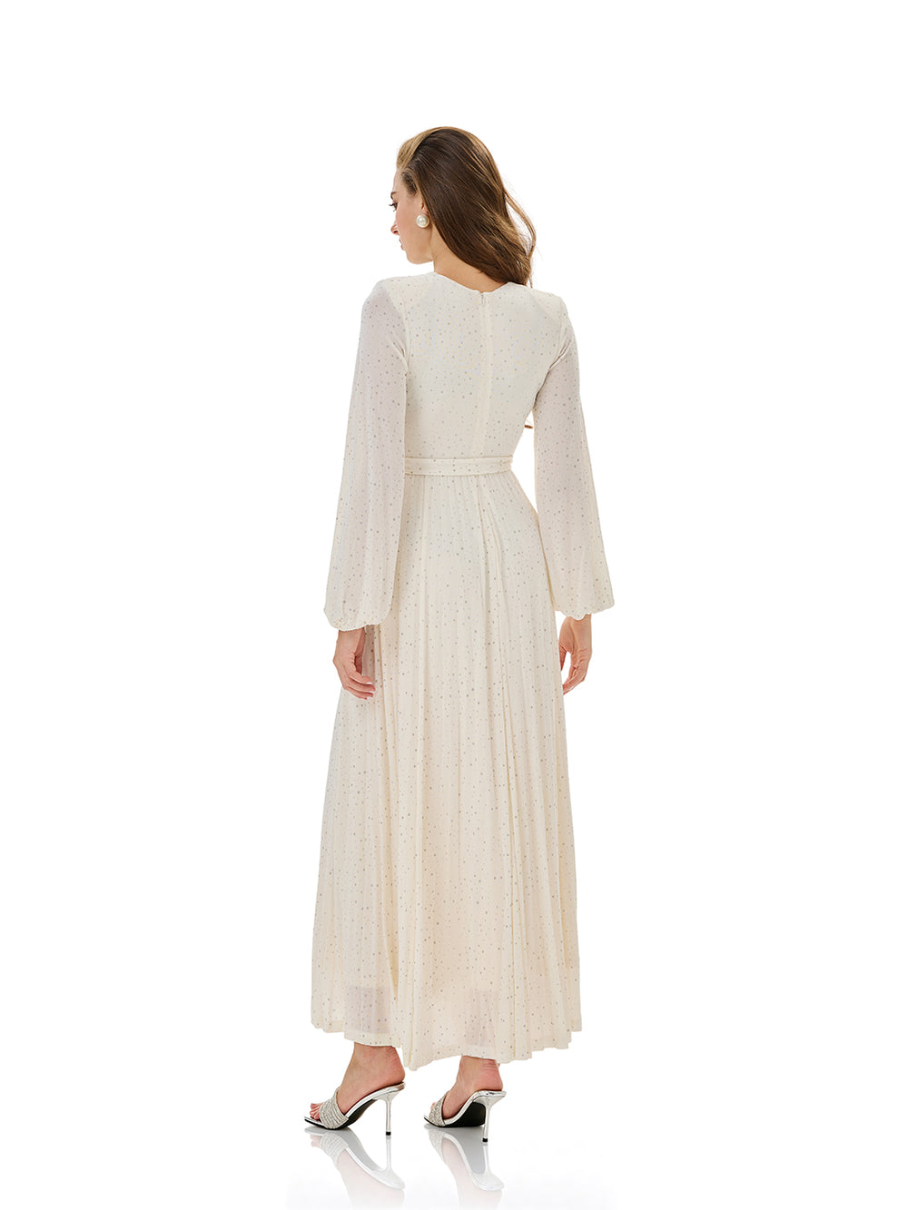 Glitter Pleated Belt Maxi Dress