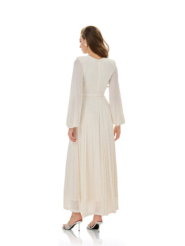 Glitter Pleated Belt Maxi Dress