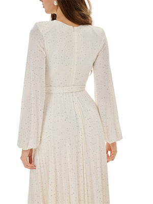 Glitter Pleated Belt Maxi Dress