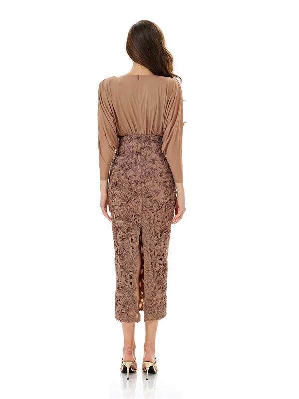 Lace Appliqué Side Slit Midi Dress
