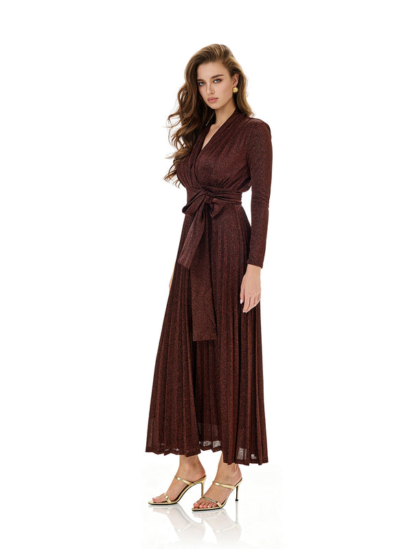 Metallic Knit Wrap Pleated Maxi Dress