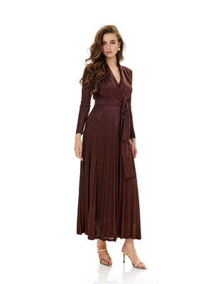 Metallic Knit Wrap Pleated Maxi Dress
