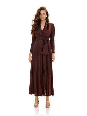 Metallic Knit Wrap Pleated Maxi Dress