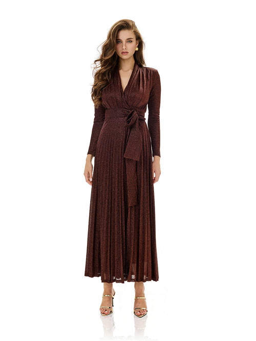 Metallic Knit Wrap Pleated Maxi Dress