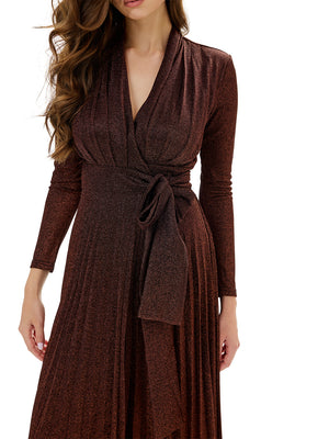 Metallic Knit Wrap Pleated Maxi Dress