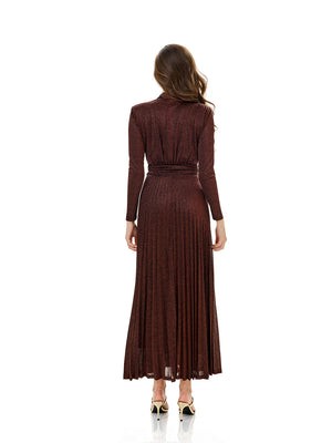 Metallic Knit Wrap Pleated Maxi Dress