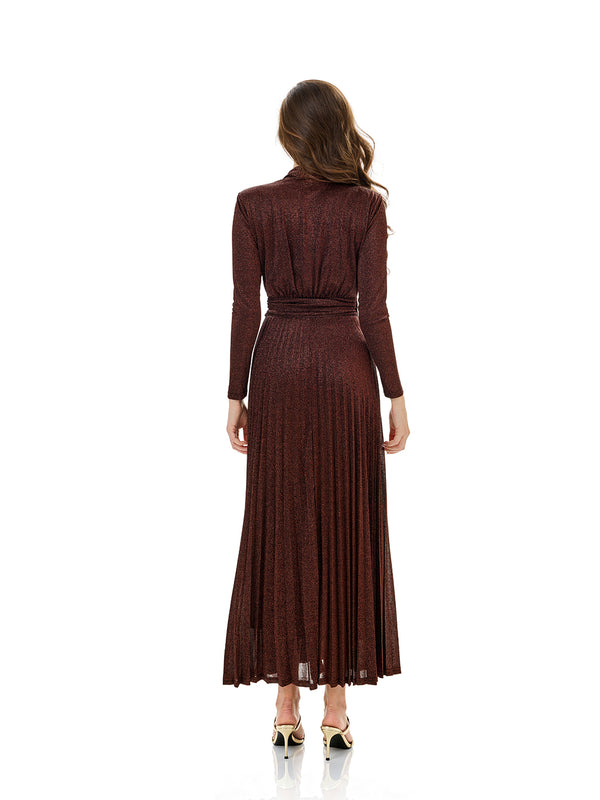 Metallic Knit Wrap Pleated Maxi Dress