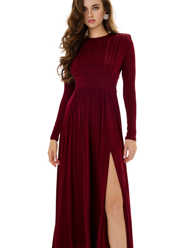High Waist Ruched Slit Maxi Dress