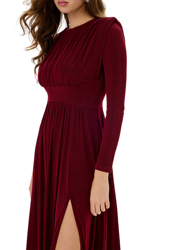 High Waist Ruched Slit Maxi Dress