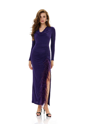 Cowl Neck Drawstring Ruched Gown