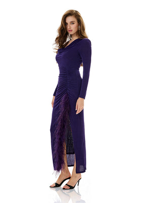 Cowl Neck Drawstring Ruched Gown