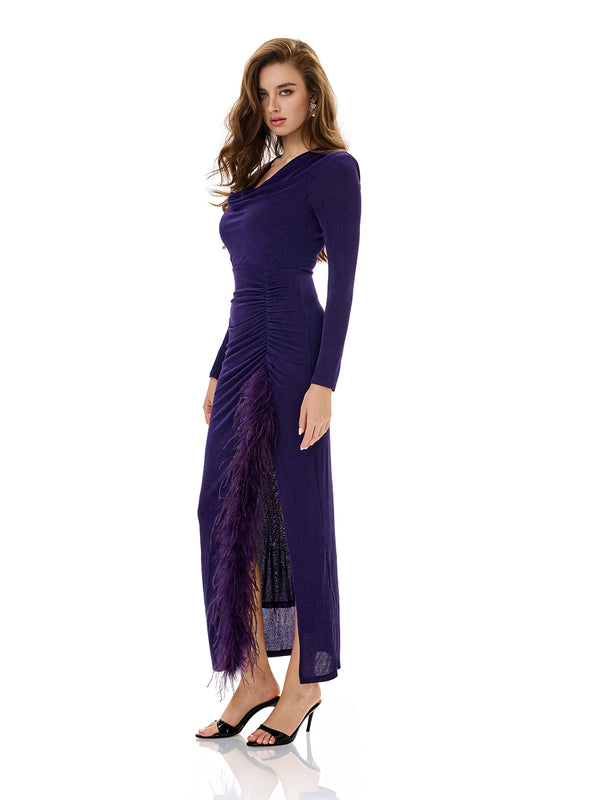 Cowl Neck Drawstring Ruched Gown