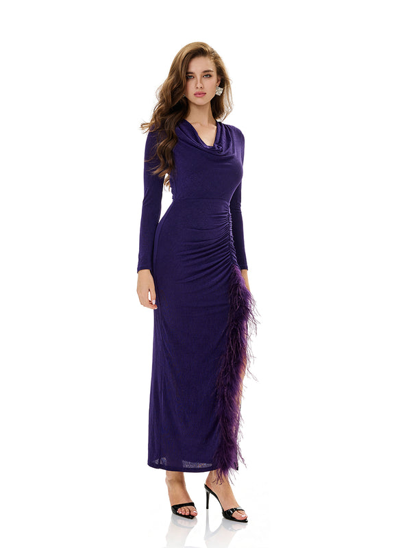 Cowl Neck Drawstring Ruched Gown