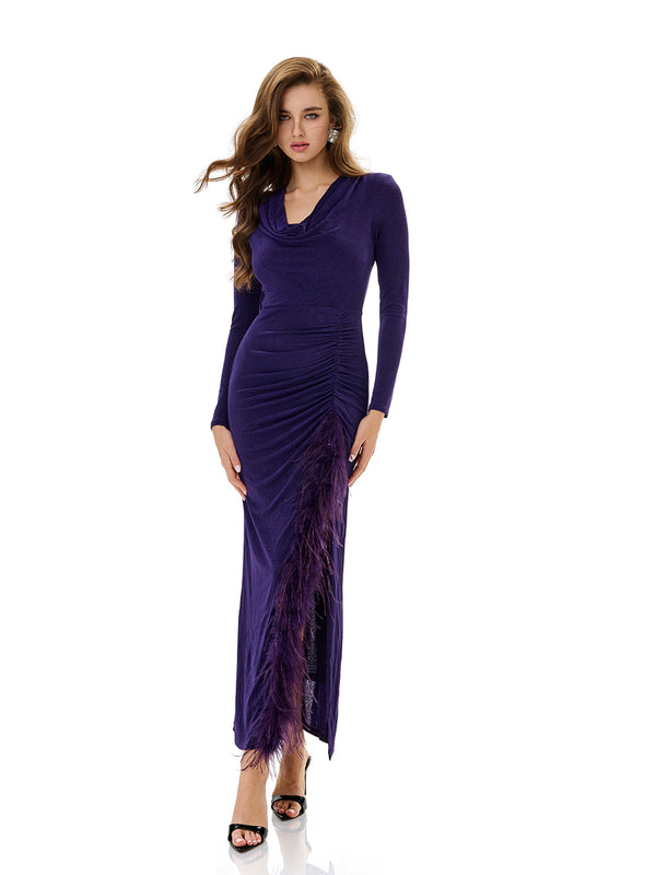 Cowl Neck Drawstring Ruched Gown