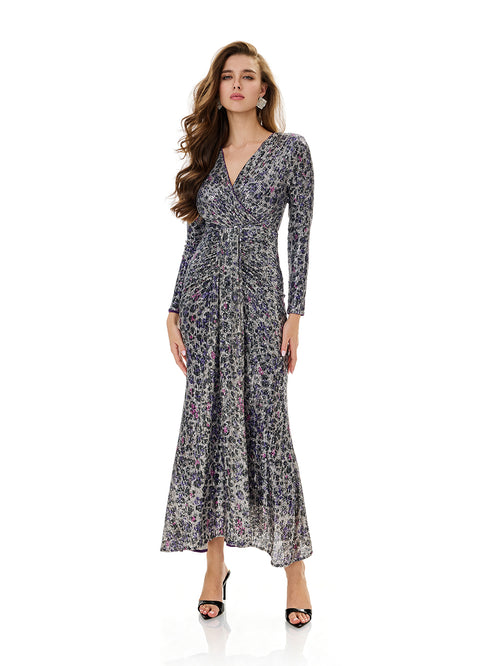 Leopard Print Sequin Wrap Party Dress