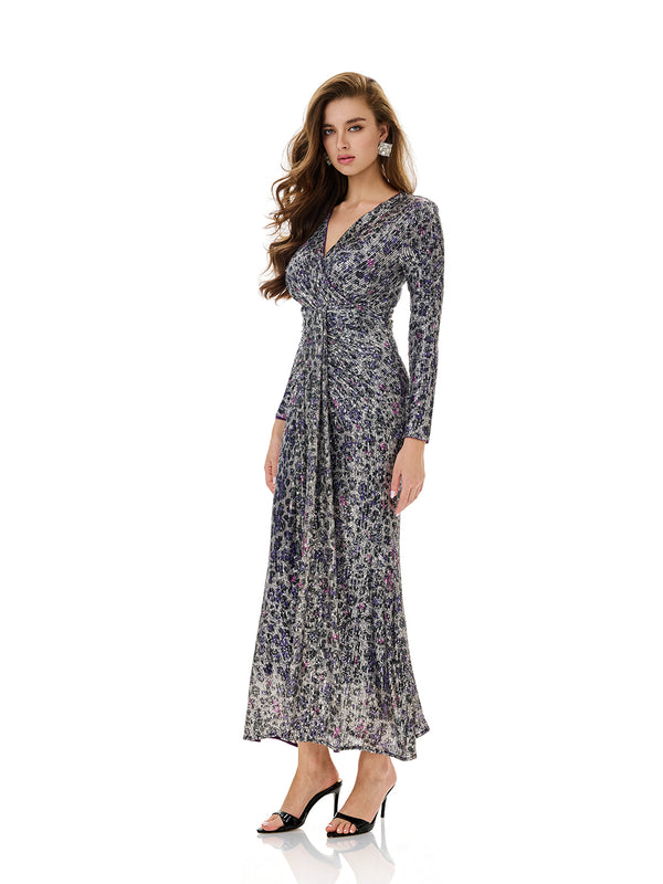 Leopard Print Sequin Wrap Party Dress