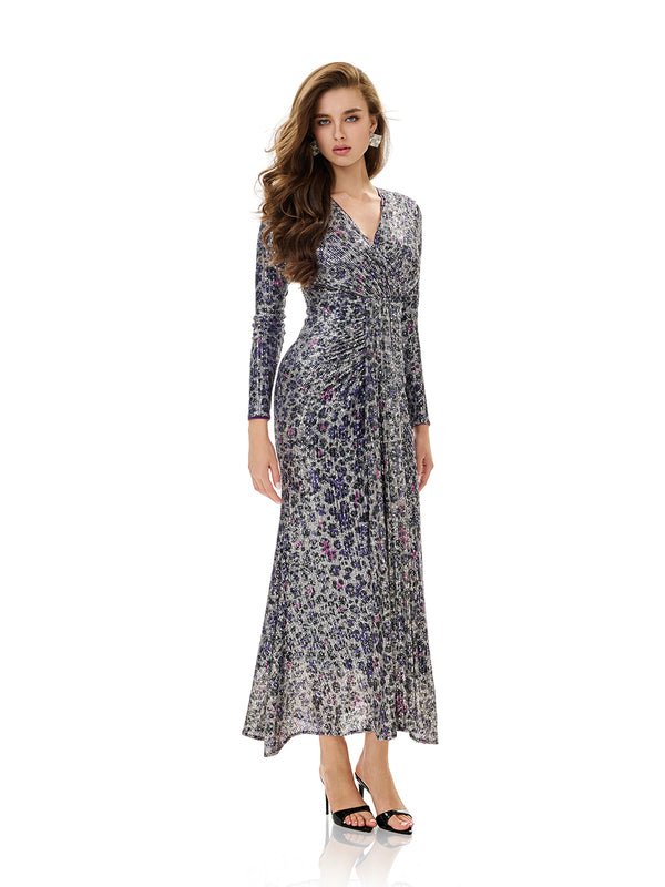 Leopard Print Sequin Wrap Party Dress