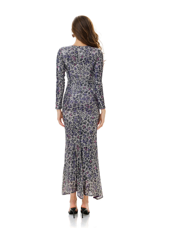 Leopard Print Sequin Wrap Party Dress