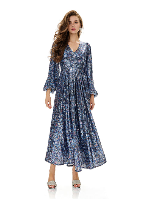 Floral Sequin Pleated Evening Dress