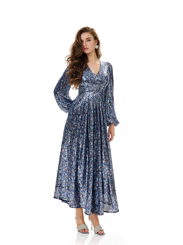 Floral Sequin Pleated Evening Dress