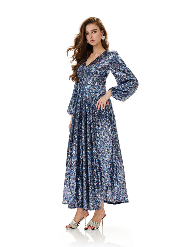 Floral Sequin Pleated Evening Dress