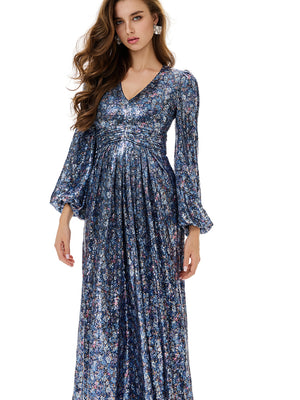 Floral Sequin Pleated Evening Dress